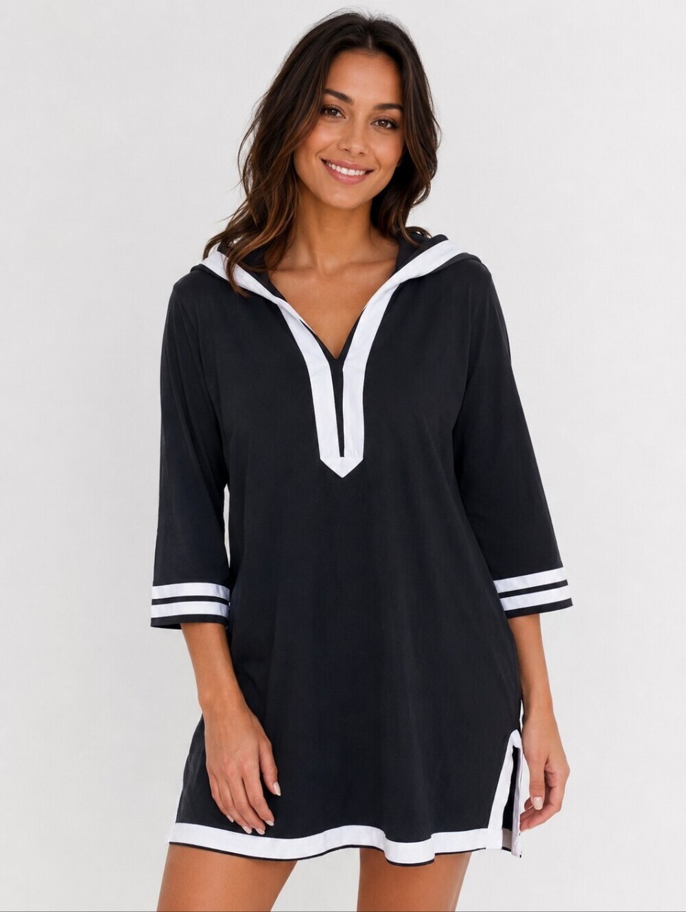 Paradise Bay Hooded Tunic Top Women Medium Black White Trim 3/4 Sleeve Cotton.